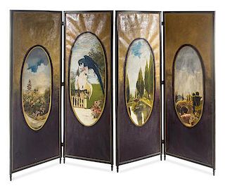 * A Painted Canvas Four-Panel Floor Screen Height 77 5/8 x width of each panel 25 1/2 inches.
