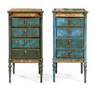 * A Pair of Italian Painted Side Chests Height 34 1/4 x width 17 1/4 x depth 14 inches.