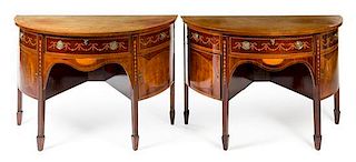 A Pair of Adam Style Marquetry Console Cabinets Height 33 x width 48 3/4 x depth 24 inches.