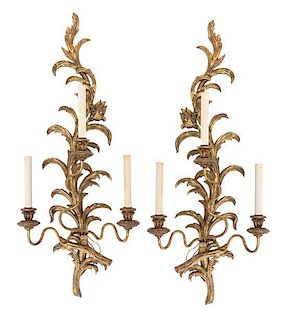 A Pair of Regency Style Giltwood Three-Light Sconces Height 35 1/2 inches.