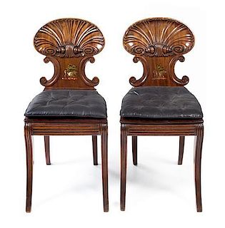 A Pair of William IV Mahogany Hall Chairs Height 32 inches.
