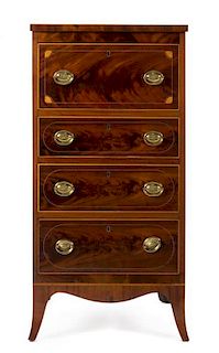 A Hepplewhite Style Mahogany Chest Height 46 x width 23 x depth 20 1/2 inches.