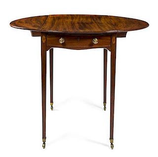 * A Sheraton Style Mahogany Pembroke Table Height 29 1/4 x width 29 1/2 x depth 18 1/2 inches.