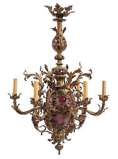 A Victorian Gilt Metal Six-Light Chandelier Height 35 1/4 inches.