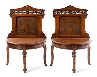 A Pair of Victorian Walnut Hall Seats Height 36 inches.