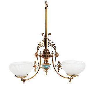 * An Aesthetic Movement Brass and Ceramic Three-Light Chandelier Height 27 inches.