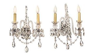 * A Pair of English Cut Glass Two-Light Sconces Height 17 inches.