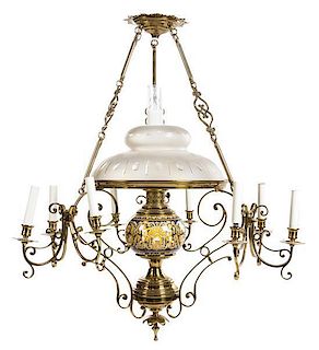 * A Majolica and Brass Ten-Light Chandelier Height 38 inches.