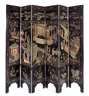 A Coromandel Style Six-Panel Lacquered Floor Screen Height of each panel 78 x width 16 inches.