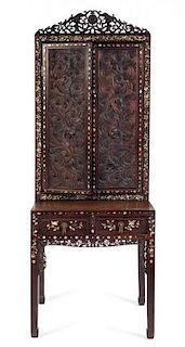 A Chinese Export Mother-of-Pearl Inlaid Rosewood Cabinet on Stand Height 76 x width 28 3/4 x depth 25 1/2 inches.