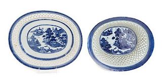 * A Canton Export Porcelain Basket and Tray Width of tray 11 inches.