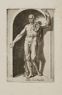 P. THOMASSIN (*1562), Male statue, Borghese Collection, around 1610, Copper engraving