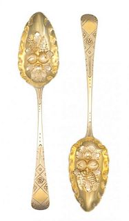 A Pair of George III Silver Berry Spoons, Mark of John Whiting, London, 1807, each bowl having berry and foliate repousse dec