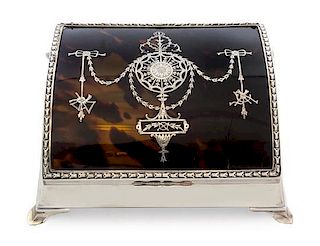 * A George V Silver and Tortoise Shell Vanity Box, William Comyns, London, 1911, the tortoise shell lid inlaid to show ribbon