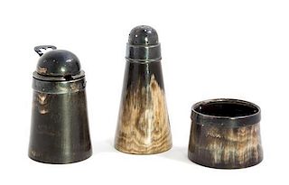 Three Victorian Silver-Inset Horn Table Articles, Jane Brownett & Alexander Jones, London, 1876, comprising a caster, a salt 