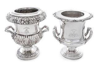 Two English Silver-Plate Wine Coolers, 19th Century, one example with a floral repousse rim above a reeded body with foliate 