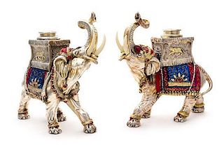 A Pair of Italian Enameled Silver Candlesticks, Morgantini, Post-1968, each in the form of a caparisoned Indian elephant with
