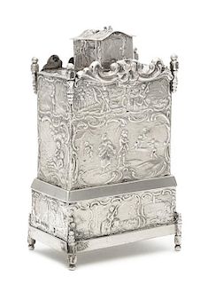 * A Dutch Silver Spice Box, Maker's Mark Obscured, Maastricht, 1894, in the form of a cabinet, the body worked to show cartou