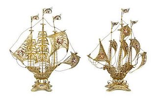A Pair of Portuguese Silver-Gilt Filigree Miniature Nefs, Gaspar Vieira, Porto, 20th Century, each in the form of a naval ves
