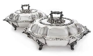 A Pair of English Silver-Plate Covered Entree Dishes, Maker's Mark TW, 19th/20th Century, each having a lid with floral, foli