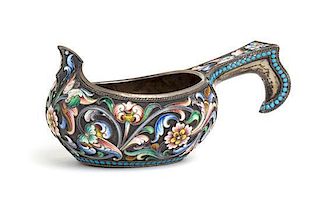A Russian Enameled Silver Kovsh, Mark of Maria Semenova, Moscow, Late 19th/Early 20th Century, the exterior decorated with po