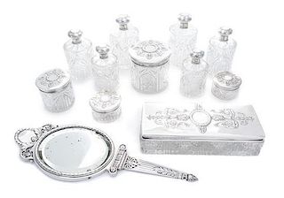 A Russian Empire Silver and Cut Glass Traveling Set, Mark of Ivan Khlebnikov, Moscow, Late 19th/Early 20th Century, comprisin