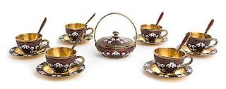A Russian Silver-Gilt and Enamel Tea Service, Maker's Mark Cyrillic 5LYa, Moscow, Second Half 20th Century, comprising six cu