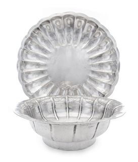 * A Mexican Silver Centerpiece Bowl, Maker's Mark JGE, of lobed, circular form, together with a silver-plate footed bowl.