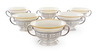A Set of Six American Silver Dessert Cup Liners, Tiffany & Co., New York, NY, each having twin C-scroll handles, the bodies w