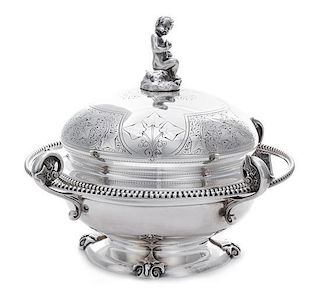 An American Silver Butter Dish, Tiffany & Co., New York, NY, the domed cover surmounted by a putto and with engraved foliate 