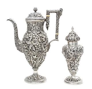 * Two American Silver Articles, S. Kirk & Son, Baltimore, MD, comprising a coffee pot and muffineer, each worked with repouss