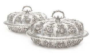 * A Pair of American Silver Covered Entree Dishes, S. Kirk & Son, Baltimore, MD, each having a paneled body worked with repou