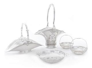 A Group of Five American Silver Baskets, Various Makers, comprising two centerpiece baskets and three smaller reticulated bas