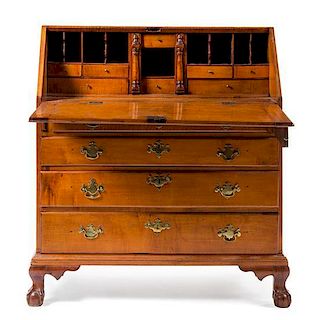 * An American Chippendale Curly Maple Slant Front Desk Height 43 3/4 x width 37 3/4 x depth 18 1/2 inches.