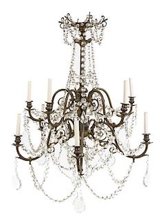 A Brass and Glass Ten-Light Chandelier Height 34 inches.
