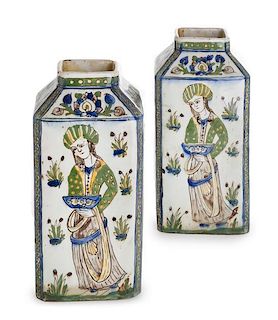 * A Pair of Qajar Pottery Vases Height 9 1/2 inches.