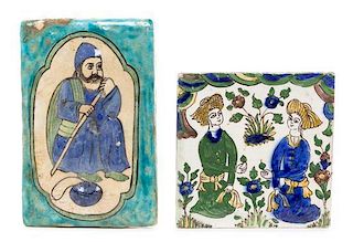 * Two Qajar Pottery Tiles Largest 7 1/2 x 5 inches.