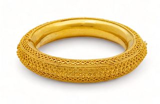 24kt Yellow Gold Filigree Decorated Bangle Bracelet, Dia. 3" 113g