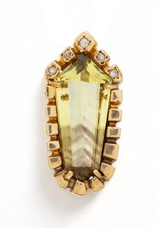 Tourmaline, Diamond & 14k Yellow Gold Pendant, Chevron Design, W 0.75" L 1.5" 14g
