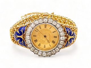 Perret Geneve (Swiss) Diamond, Enamel, 14 Kt Yellow Gold Lady's Revolving Watch, L 7" Dia. 1.5"