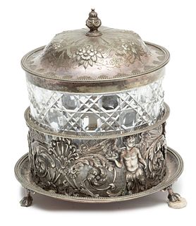 Collis & Co. (London, England) Silver Plate & Cut Crystal Biscuit Jar, Ca. 1900, H 8" Dia. 6.75"