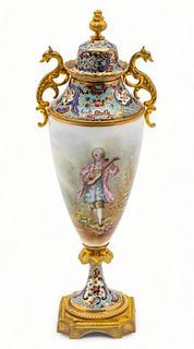 French Louis XVI Style Porcelain And Champlevé Covered Urn 1880-1900, "Musician of the French Court", H 10.5" Dia. 2.5"