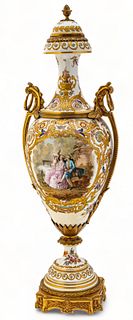 Sevres (French) Gilded And Ormolu Mounted Porcelain Covered Urn Ca. 1900, H 30" Dia. 10"