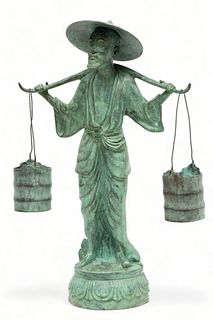 Chinese Bronze Standing Figure of Water Carrier Ca. 1980, H 27"