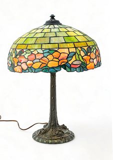 Wilkenson Art Glass Table Lamp, Ca. 1915, "Geometric with Floral Band", H 23.5" Dia. 18.5"