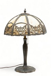 Bent Glass Table Lamp, Eight Panels Ca. 1910, H 23" Dia. 16"