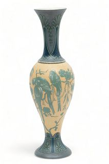 Mettlach Geo. Gesch #2457 Vase, Parrot Motif, Ca. 1910, H 19"