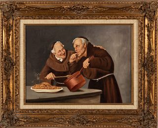 Oil on Academy Board Ca. Mid 20th C., Monks Tasting a Meal, H 11" W 15"