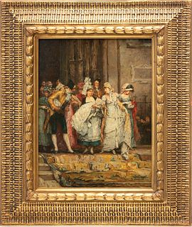 European Oil on Beveled Wood Panel, 1880-1900, "Christening Party", H 16" W 12"