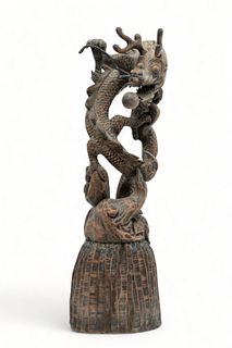 Chinese Carved Wood Sculpture "Dragon Chasing Pearl", H 31" W 12" Dia. 10"